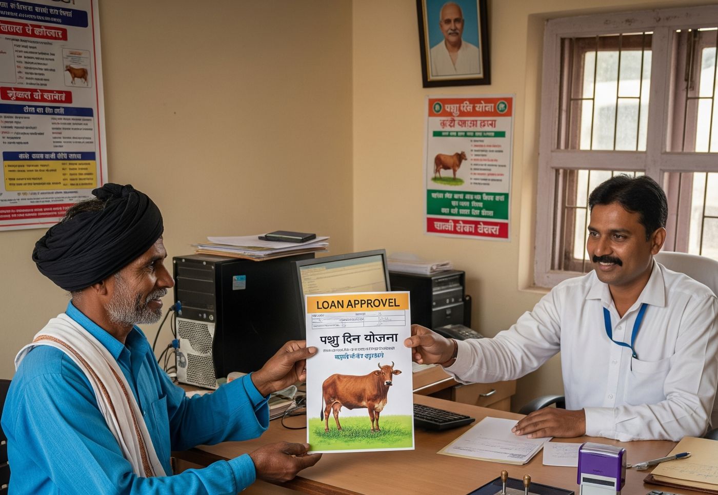 A farmer receiving a cattle loan approval at a bank desk