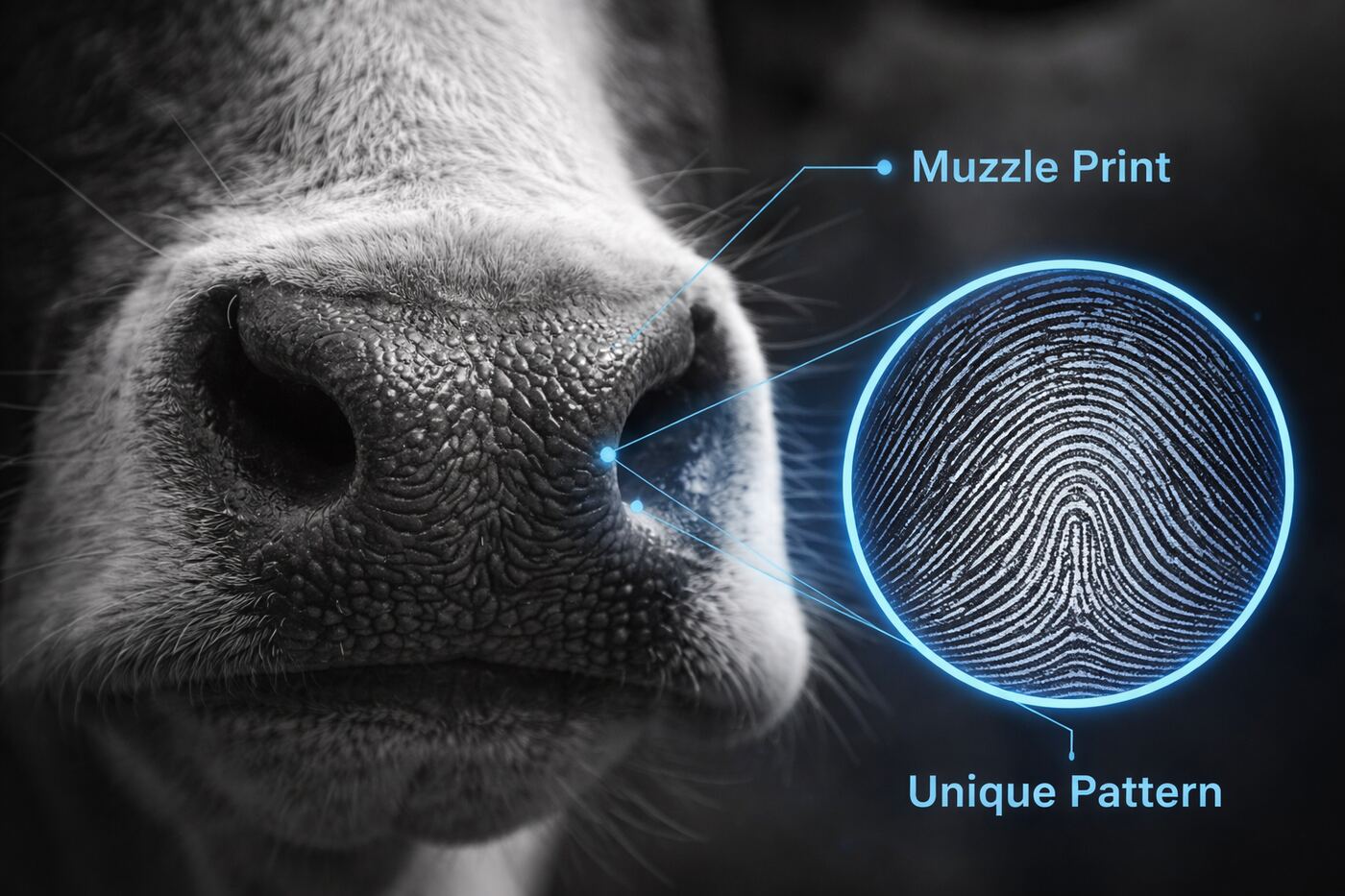 A cow's muzzle with its unique ridge pattern highlighted